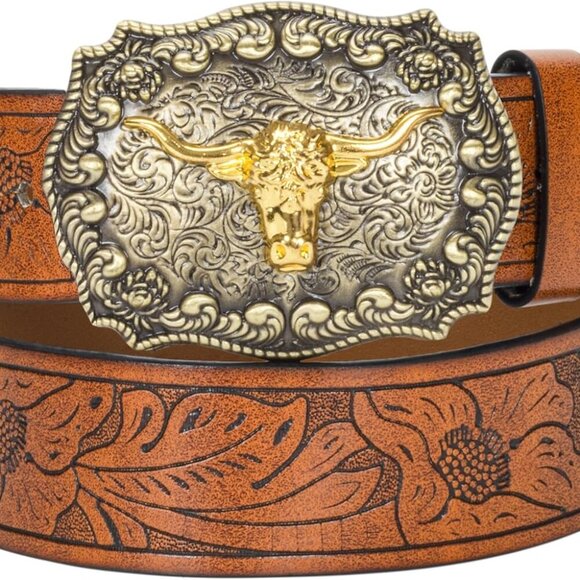 Other - Western-PU-Leather-Belts for Men and Women Cowboy-Cowgirl Longhorn-Bull-Pattern-